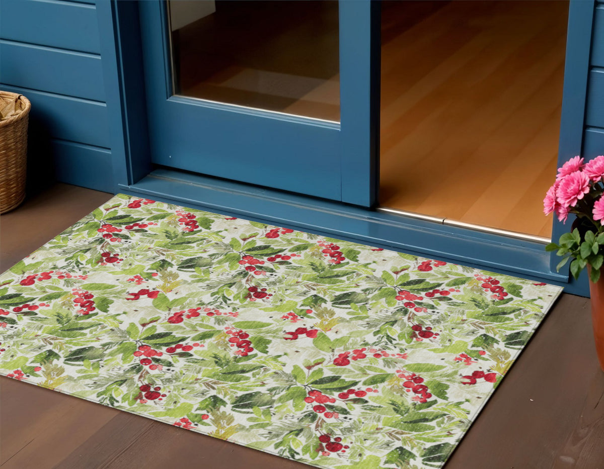 3 X 5 Artichoke Green Burgundy And Ivory Botanical Leaves Washable Indoor Outdoor Area Rug