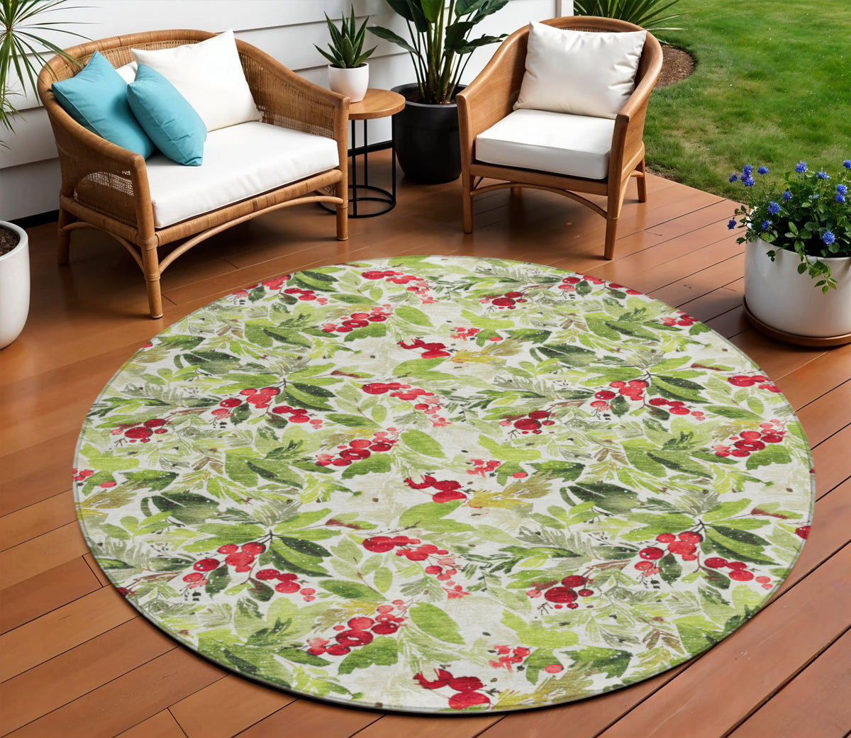 8 Artichoke Green Burgundy And Ivory Round Botanical Leaves Washable Indoor Outdoor Area Rug