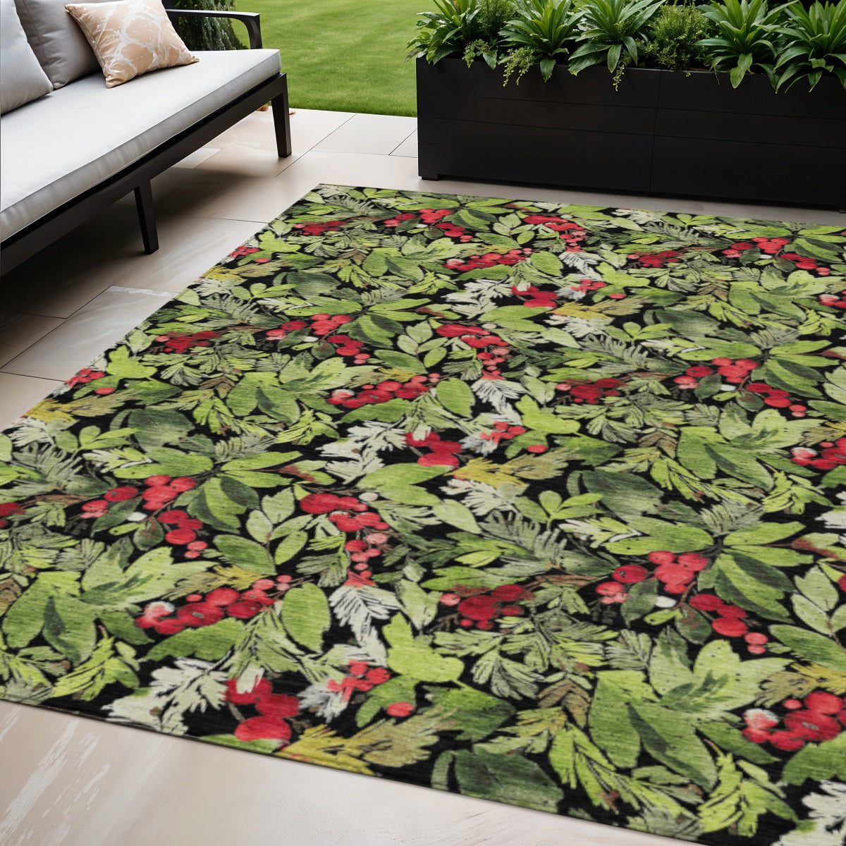 5 X 8 Black Green And Red Botanical Leaves Washable Indoor Outdoor Area Rug