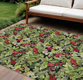 8 X 10 Black Green And Red Botanical Leaves Washable Indoor Outdoor Area Rug