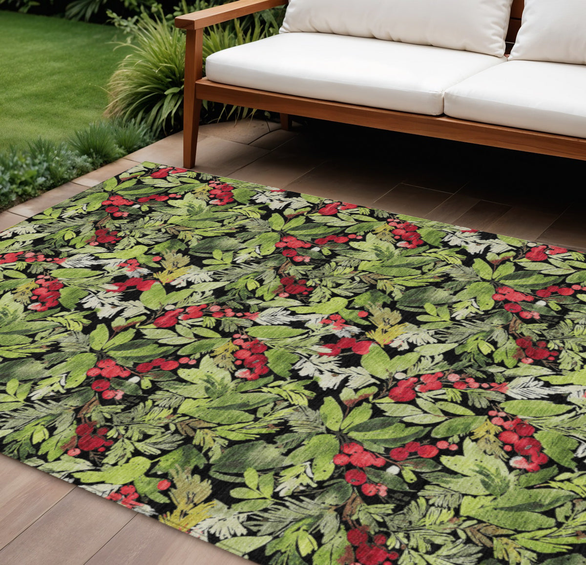 8 X 10 Black Green And Red Botanical Leaves Washable Indoor Outdoor Area Rug
