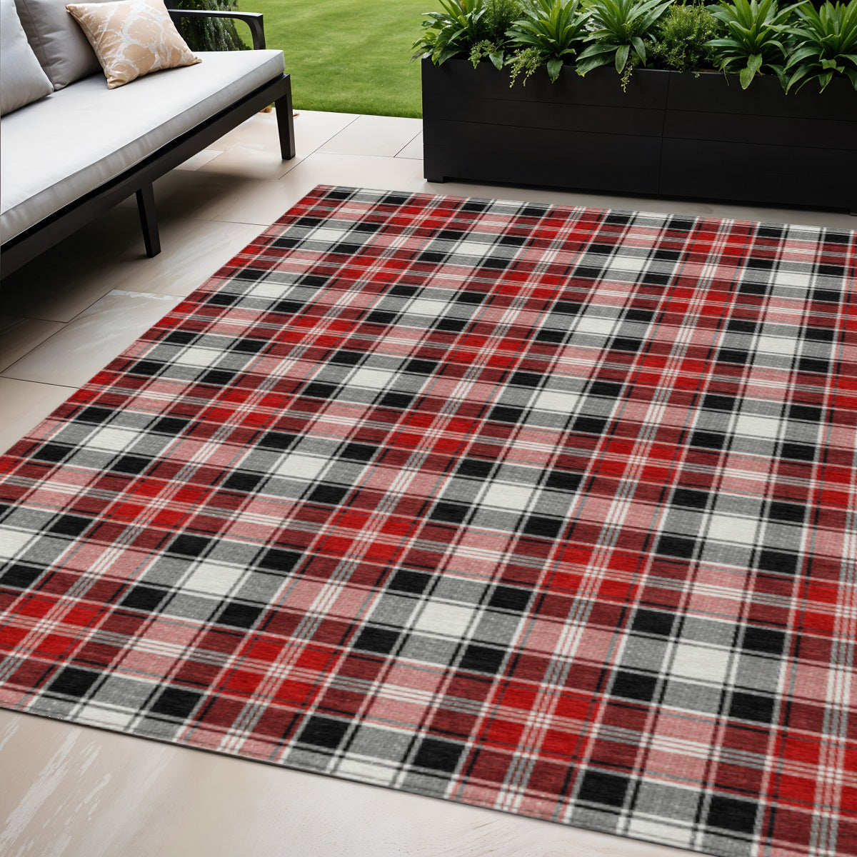 5 X 8 Black Red And White Plaid Washable Indoor Outdoor Area Rug
