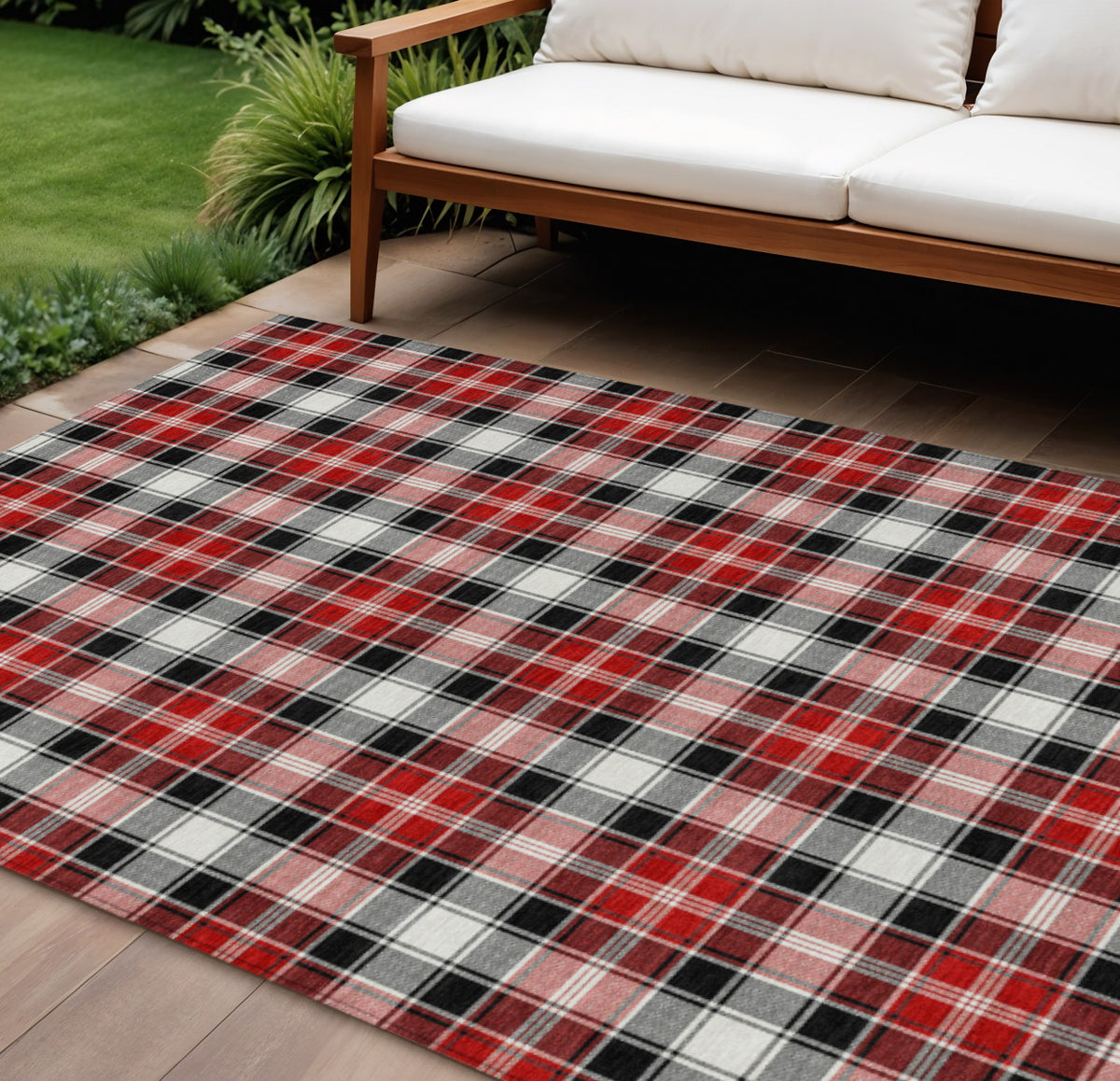 8 X 10 Black Red And White Plaid Washable Indoor Outdoor Area Rug