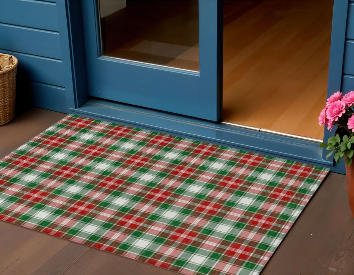 3 X 5 Emerald Red And White Plaid Washable Indoor Outdoor Area Rug