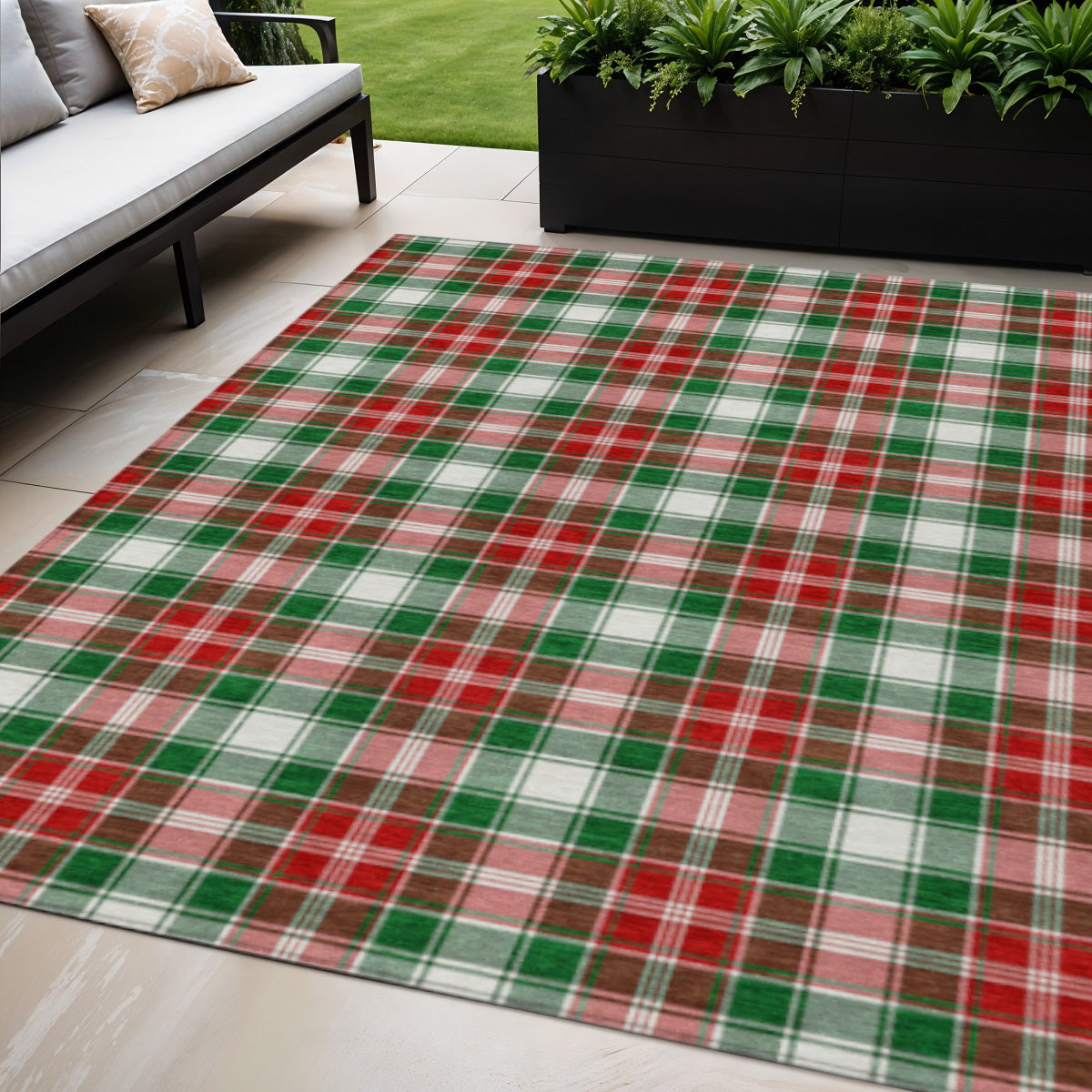 5 X 8 Emerald Red And White Plaid Washable Indoor Outdoor Area Rug
