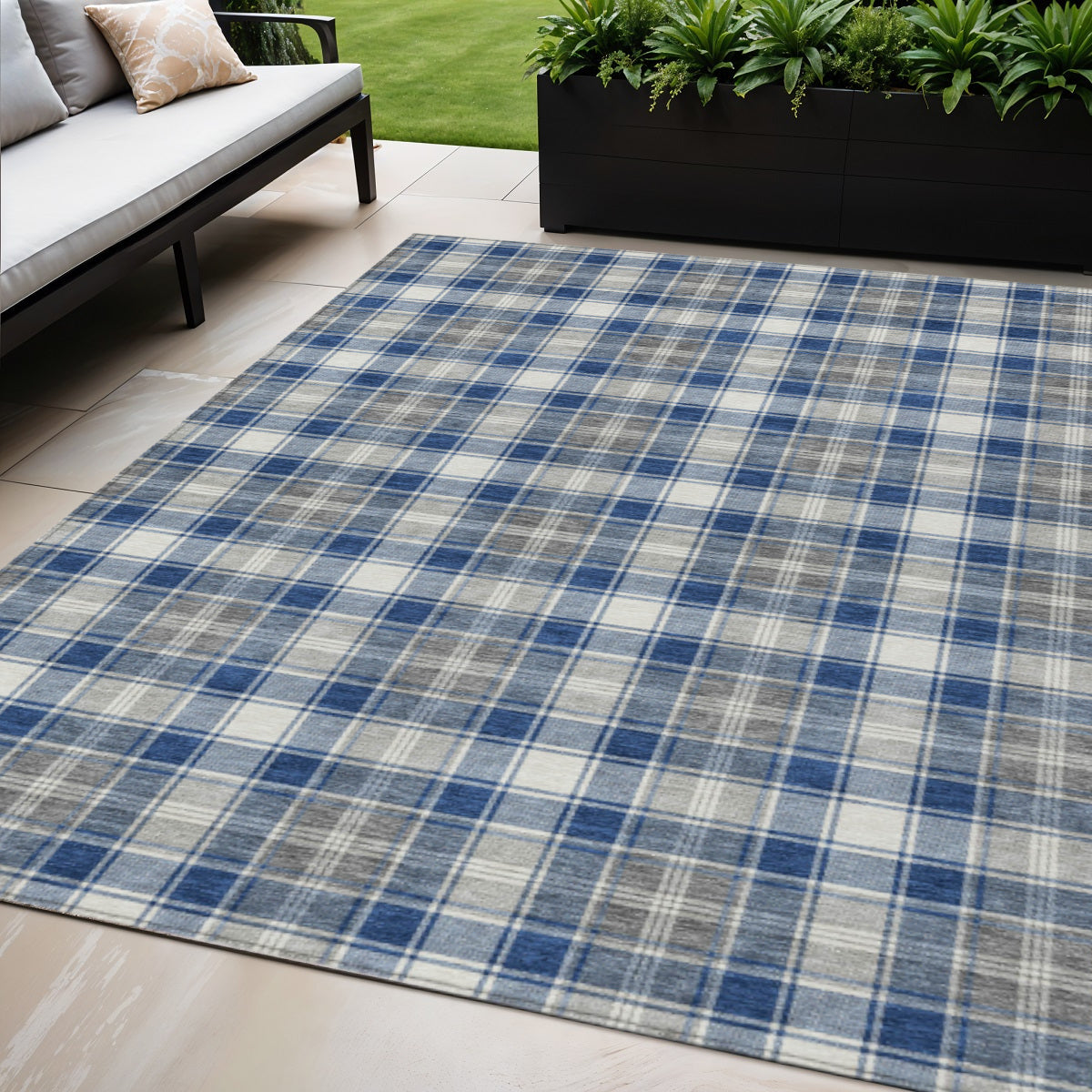 5 X 8 Navy Blue Ivory And Gray Plaid Washable Indoor Outdoor Area Rug