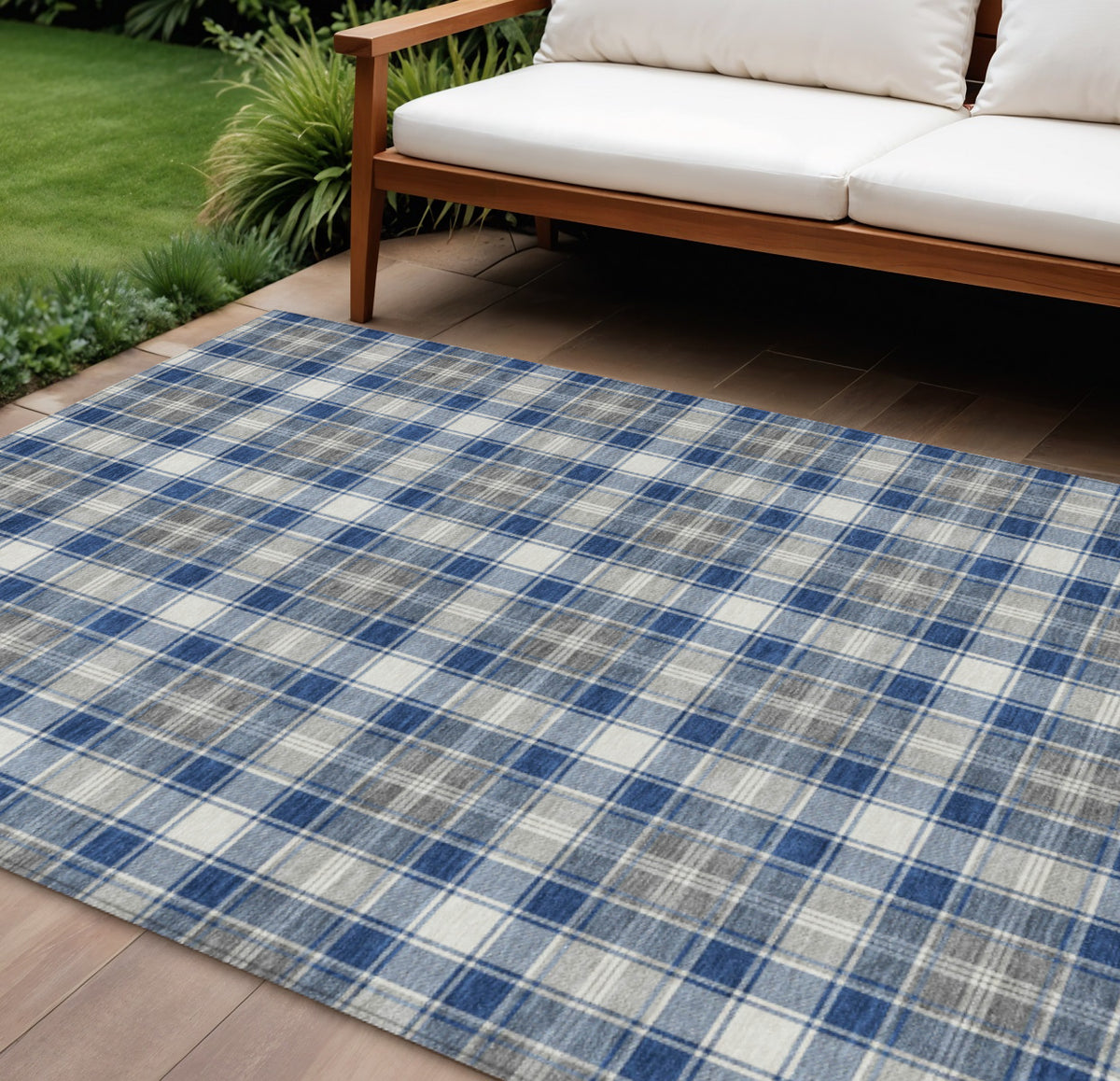 9 X 12 Navy Blue Ivory And Gray Plaid Washable Indoor Outdoor Area Rug