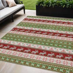 5 X 8 Green Ivory And Red Deer Washable Indoor Outdoor Area Rug