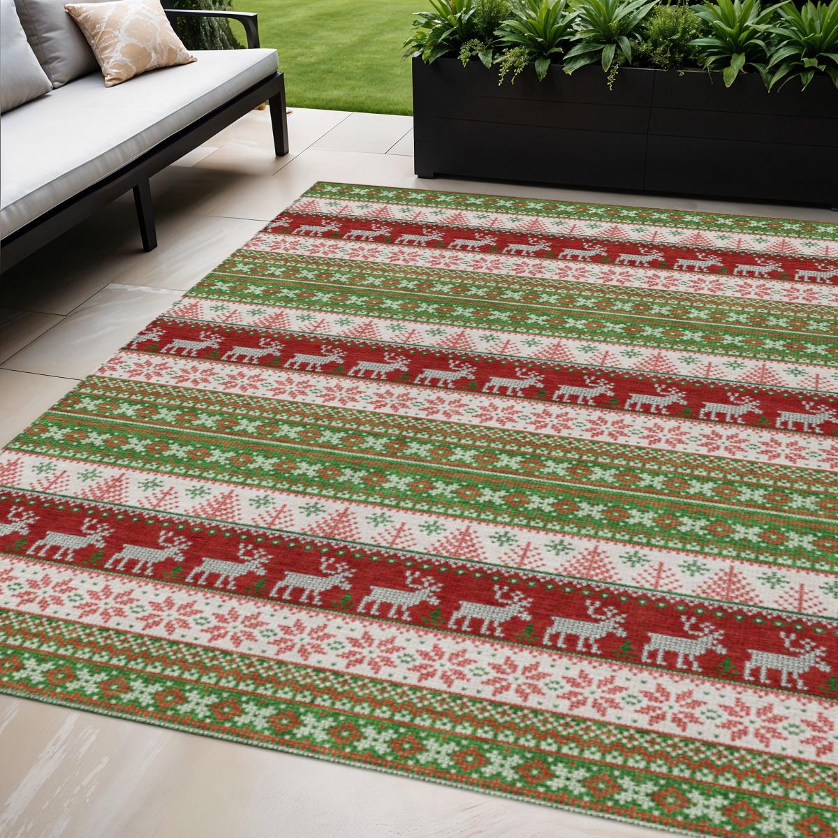 5 X 8 Green Ivory And Red Deer Washable Indoor Outdoor Area Rug