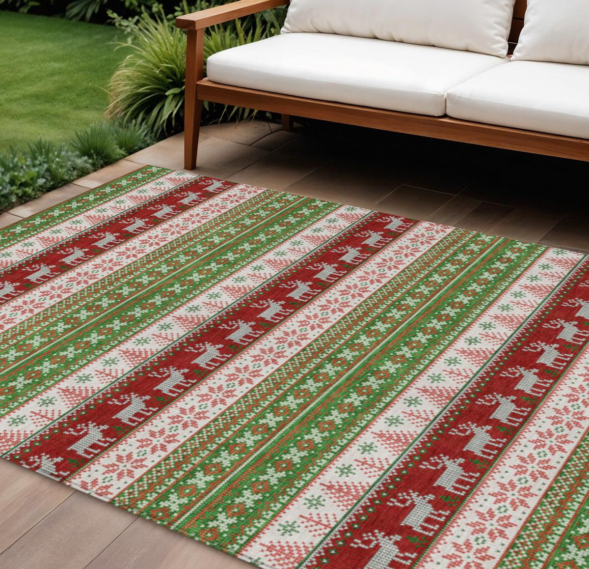 10 X 14 Green Ivory And Red Deer Washable Indoor Outdoor Area Rug