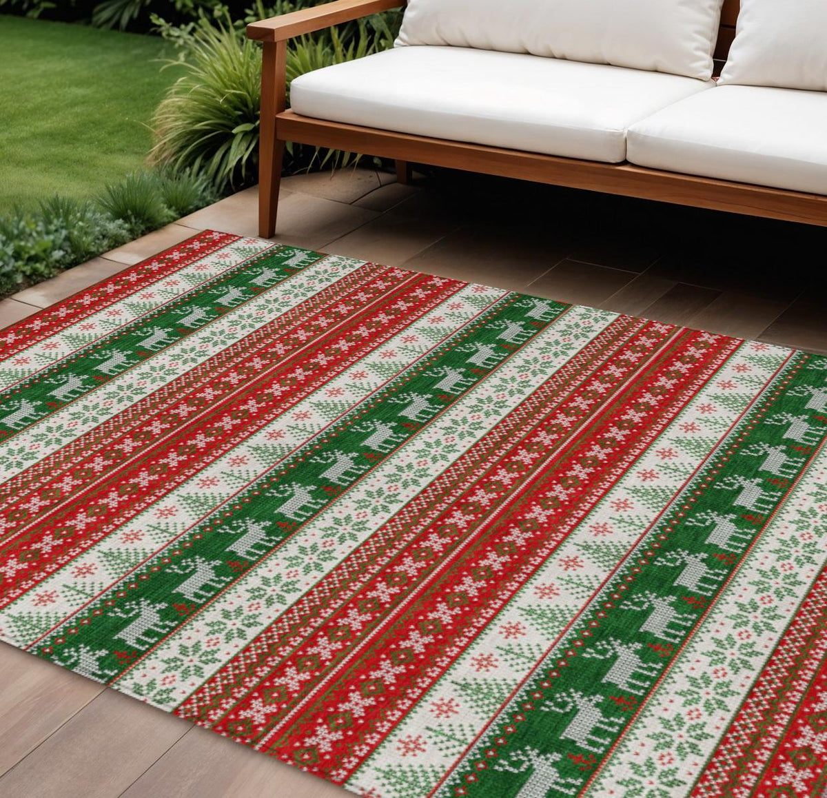 8 X 10 Red Green And Ivory Deer Washable Indoor Outdoor Area Rug