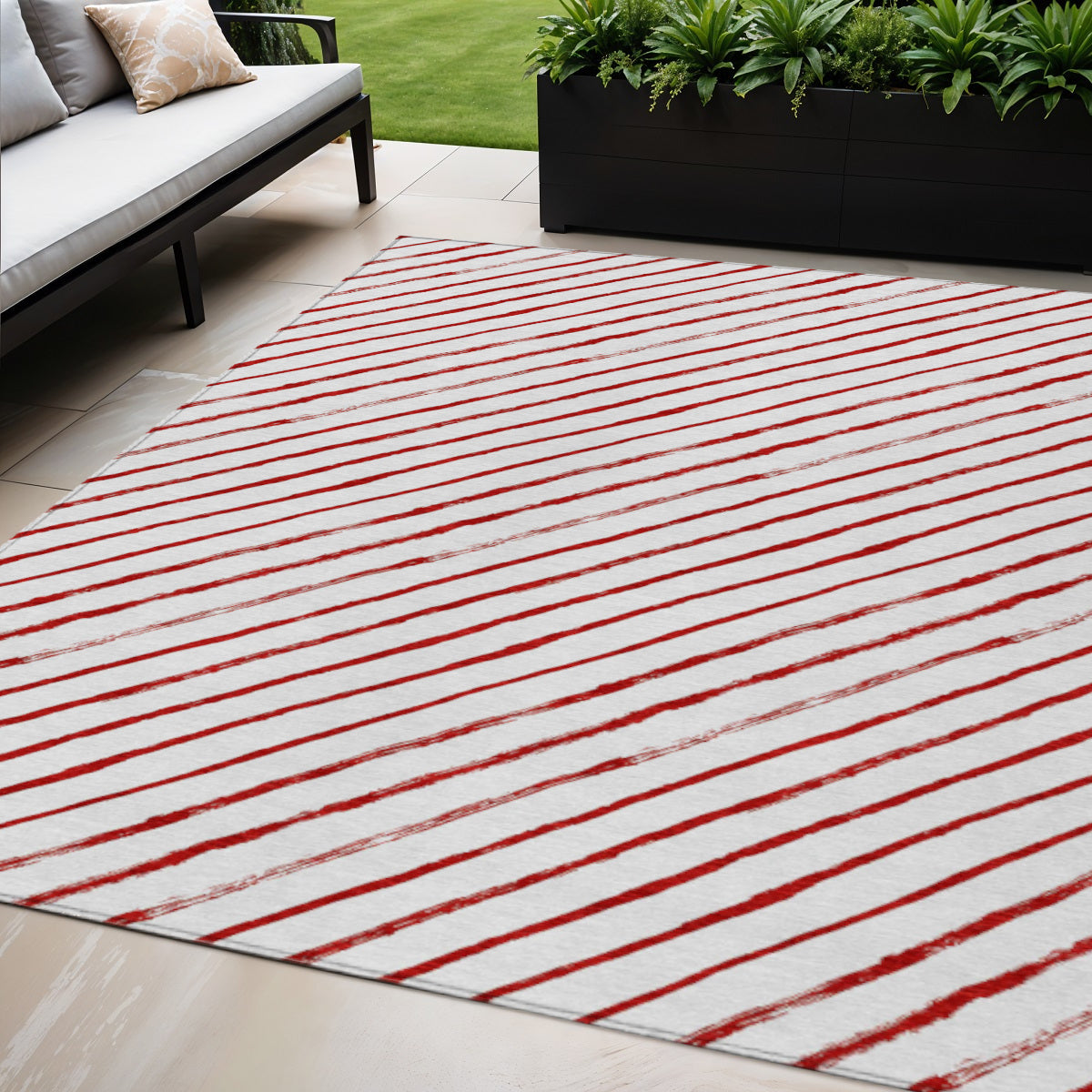 5 X 8 Red And White Striped Washable Indoor Outdoor Area Rug