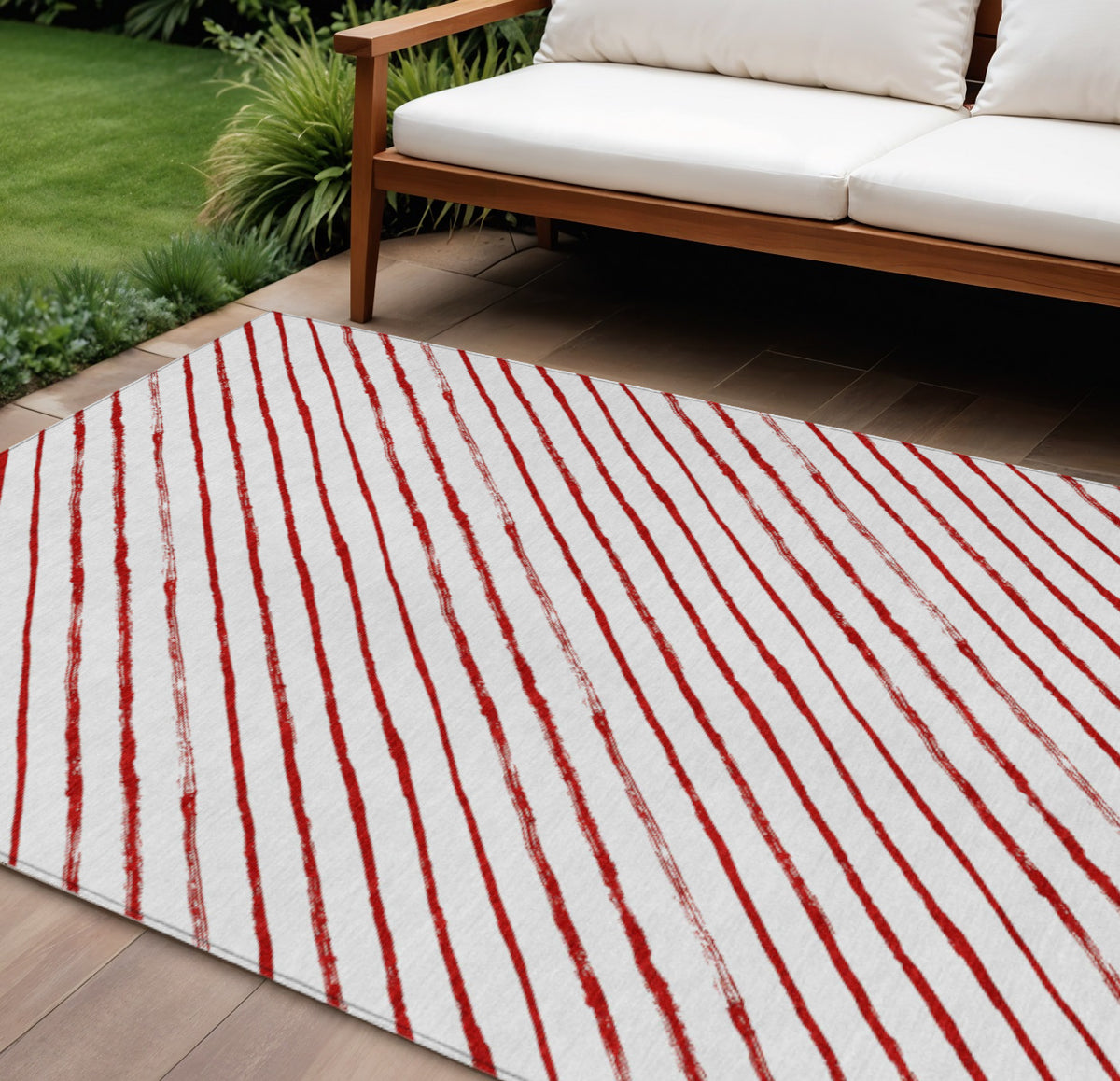 9 X 12 Red And White Striped Washable Indoor Outdoor Area Rug