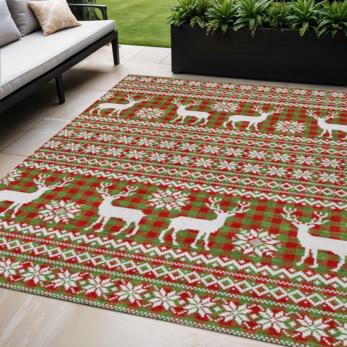 5 X 8 Fern Green Red And Ivory Deer Washable Indoor Outdoor Area Rug