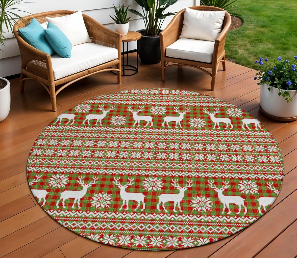 8 Fern Green Red And Ivory Round Deer Washable Indoor Outdoor Area Rug
