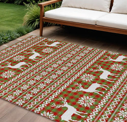 10 X 14 Fern Green Red And Ivory Deer Washable Indoor Outdoor Area Rug