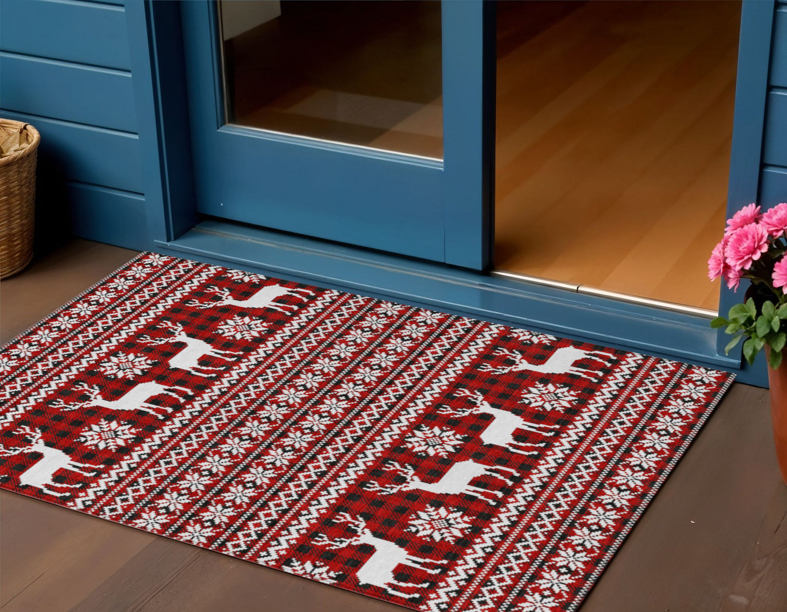 3 X 5 Red Black And Ivory Deer Washable Indoor Outdoor Area Rug