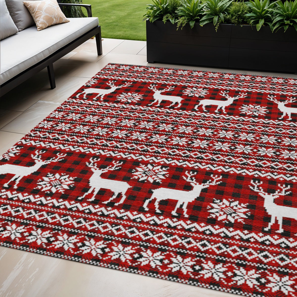 5 X 8 Red Black And Ivory Deer Washable Indoor Outdoor Area Rug