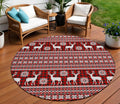 8 Red Black And Ivory Round Deer Washable Indoor Outdoor Area Rug