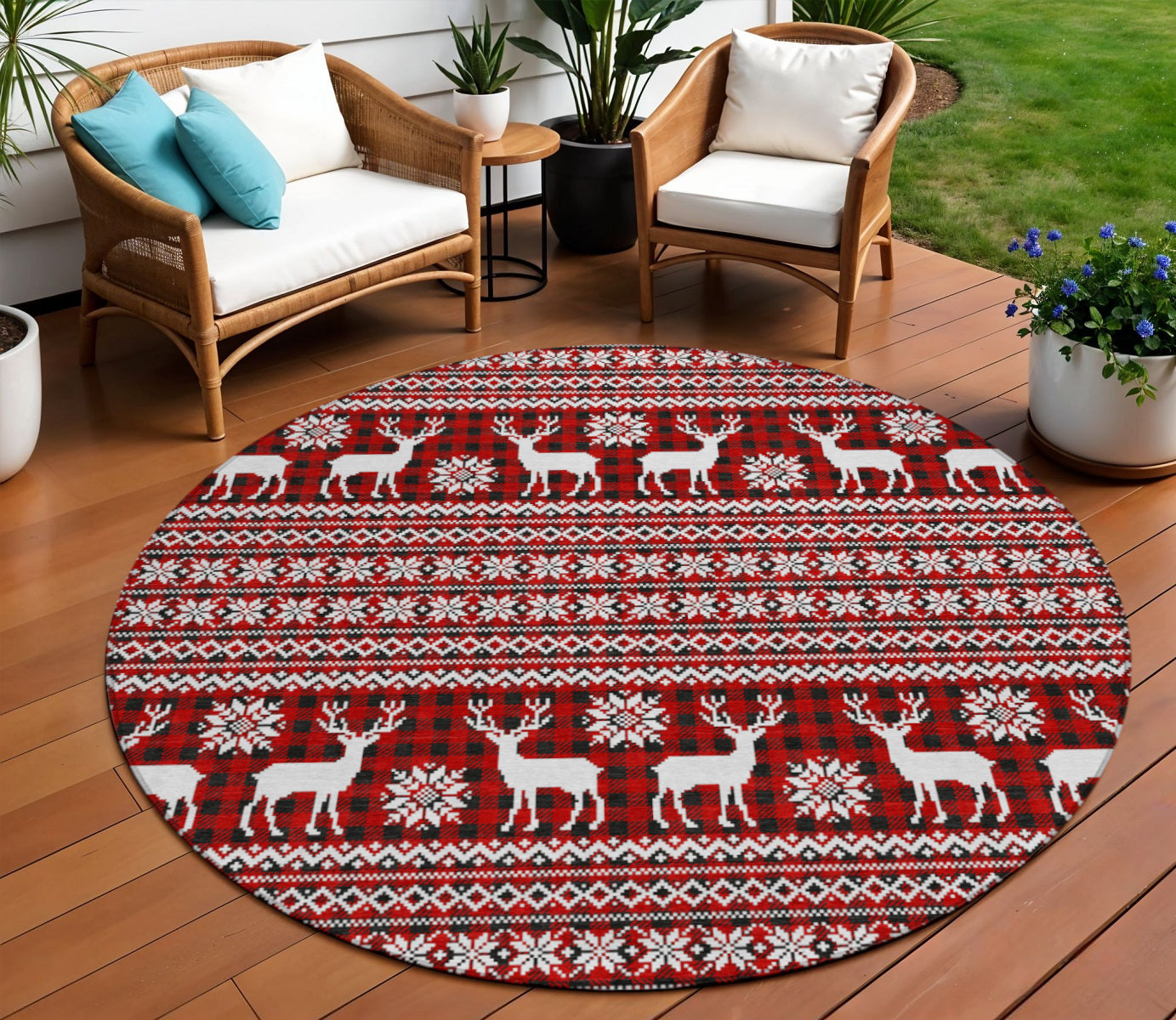 8 Red Black And Ivory Round Deer Washable Indoor Outdoor Area Rug