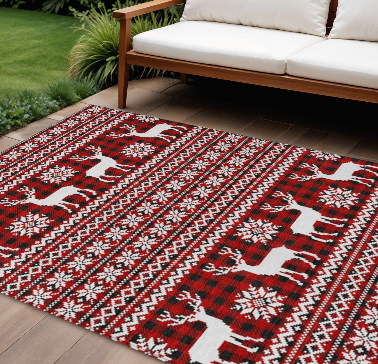 8 X 10 Red Black And Ivory Deer Washable Indoor Outdoor Area Rug