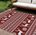 10 X 14 Red Black And Ivory Deer Washable Indoor Outdoor Area Rug