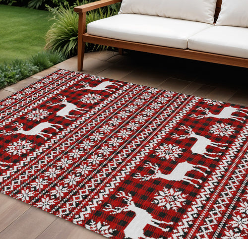 10 X 14 Red Black And Ivory Deer Washable Indoor Outdoor Area Rug