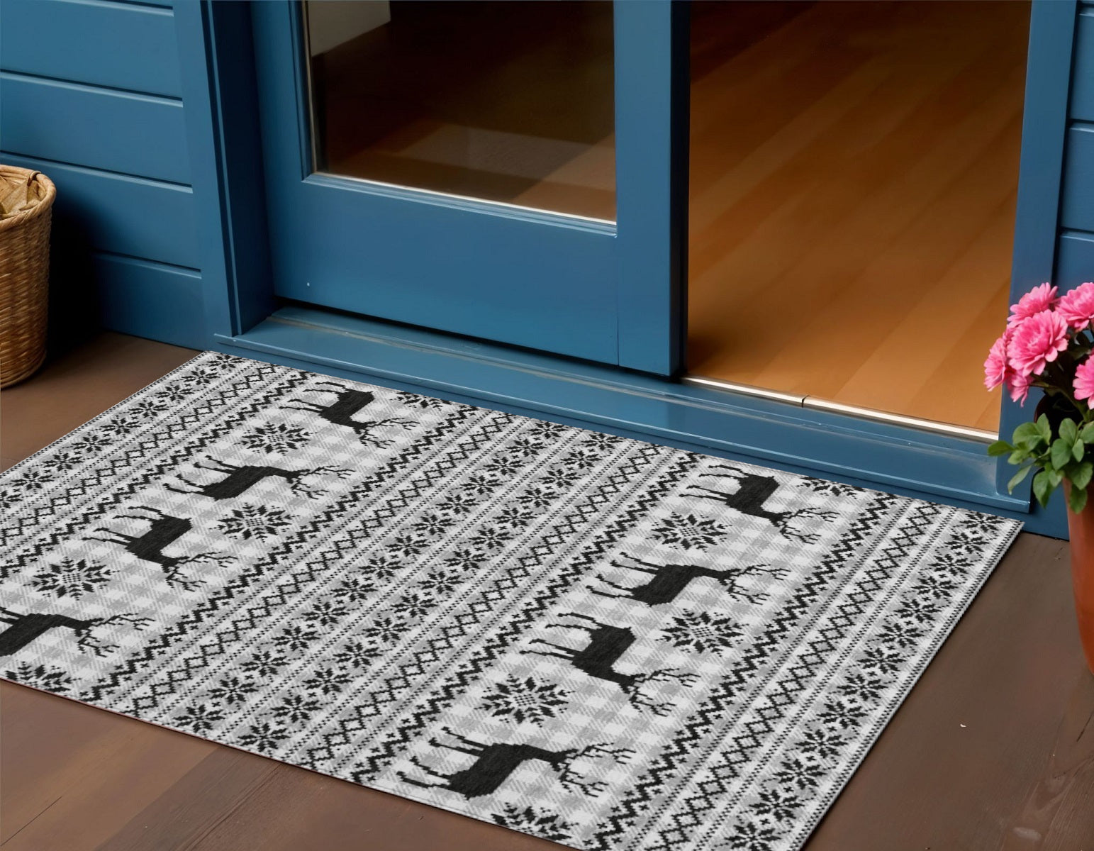 3 X 5 Silver Black And Ivory Deer Washable Indoor Outdoor Area Rug