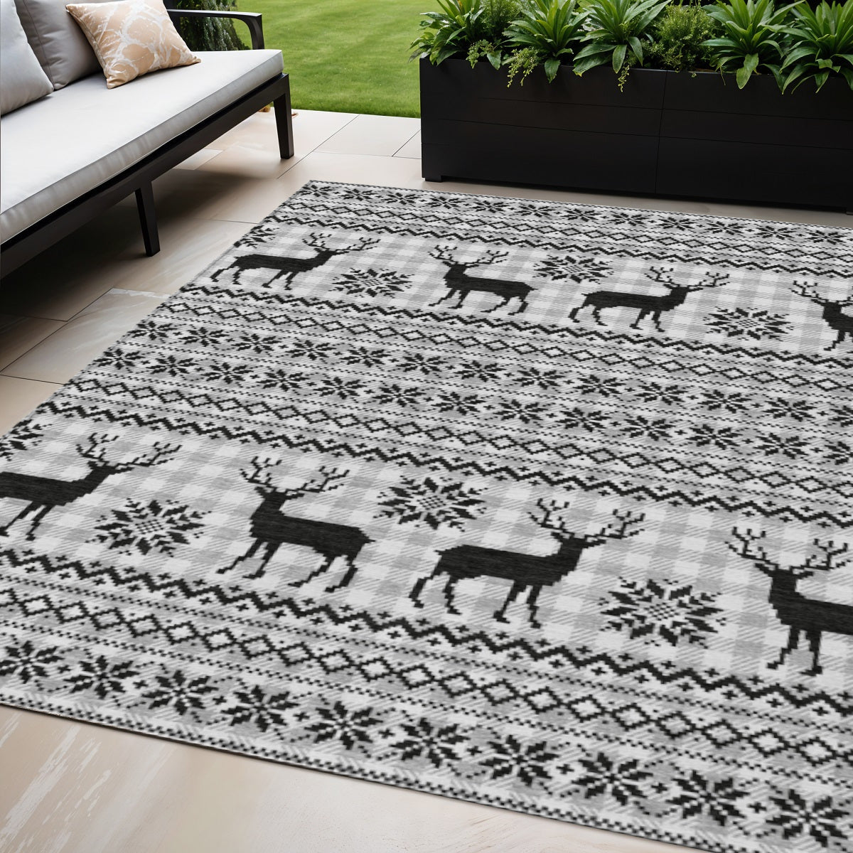 5 X 8 Silver Black And Ivory Deer Washable Indoor Outdoor Area Rug