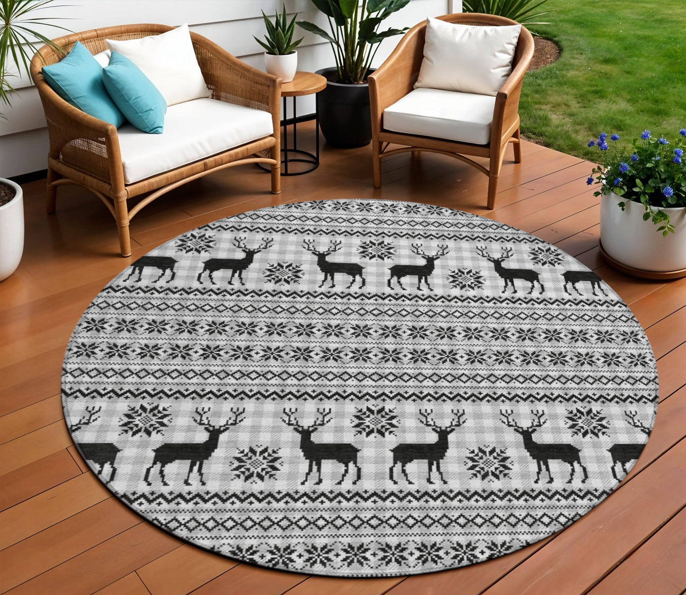 8 Silver Black And Ivory Round Deer Washable Indoor Outdoor Area Rug