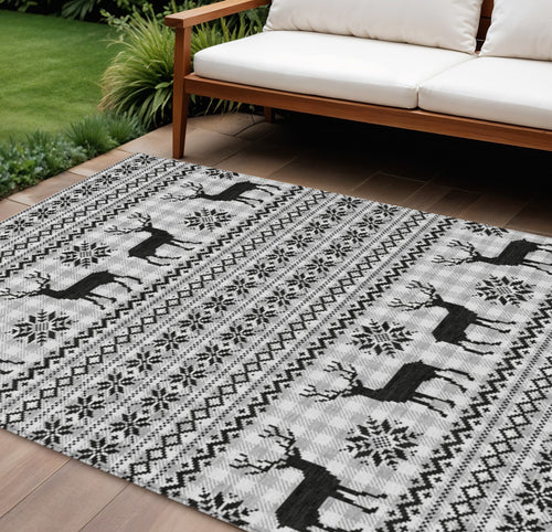 10 X 14 Silver Black And Ivory Deer Washable Indoor Outdoor Area Rug
