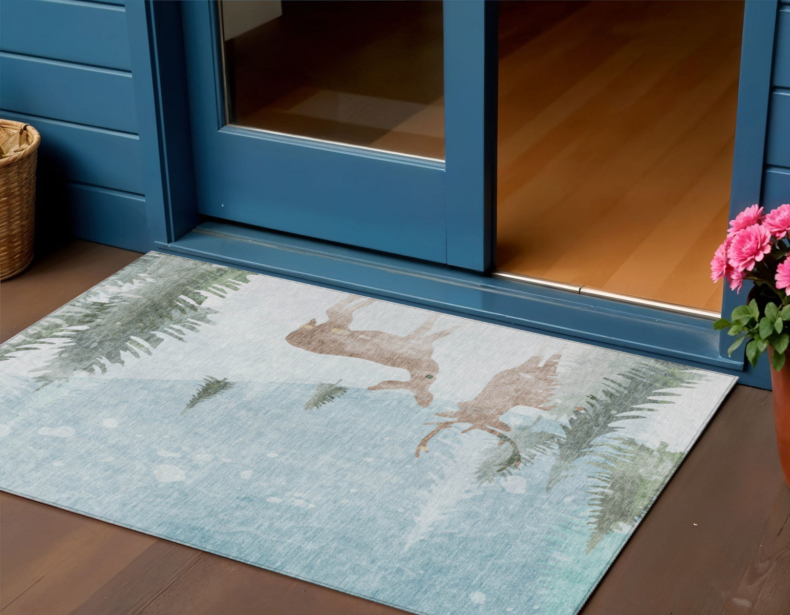 3 X 5 Sky Blue Sage Ivory And Khaki Deer Washable Indoor Outdoor Area Rug