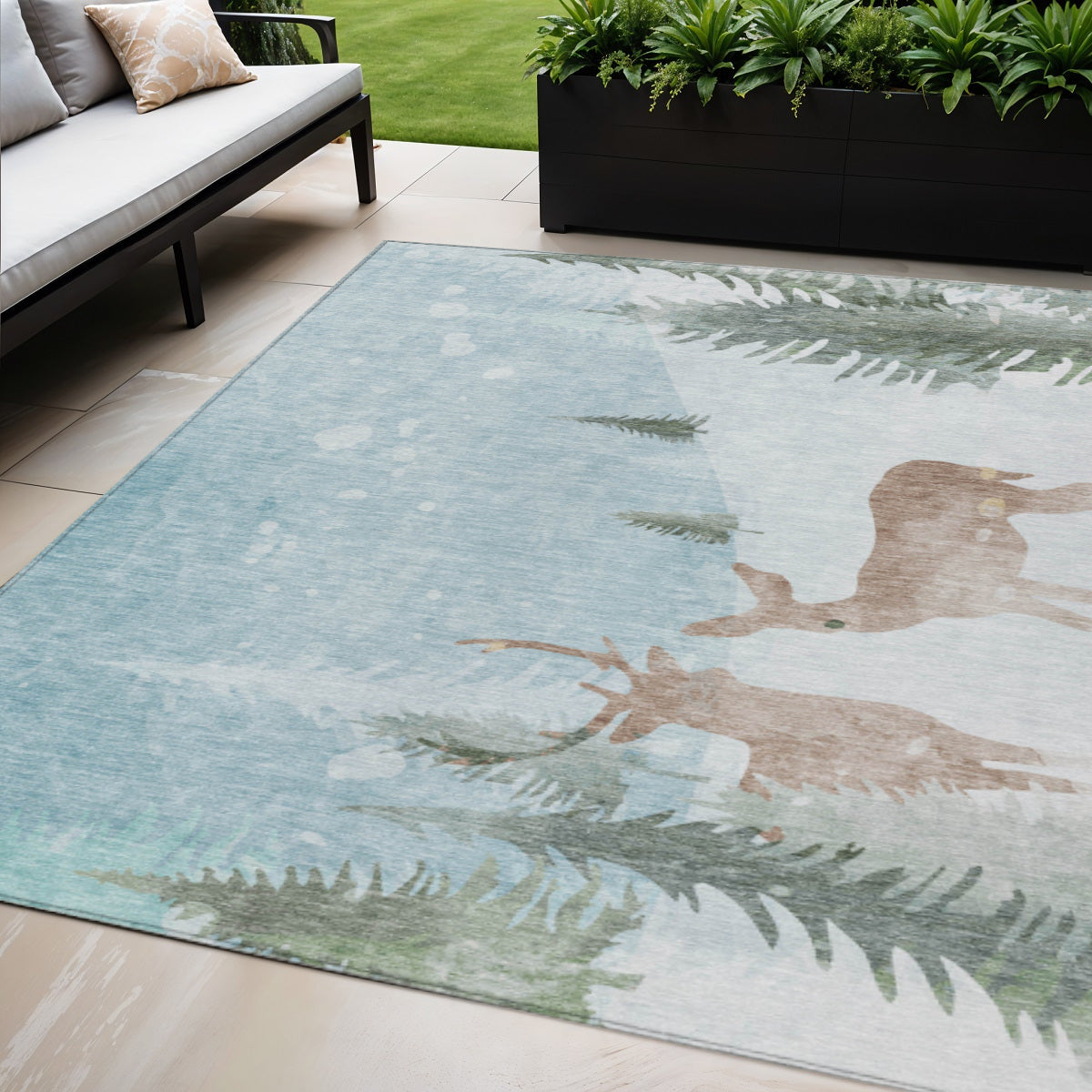 5 X 8 Sky Blue Sage Ivory And Khaki Deer Washable Indoor Outdoor Area Rug