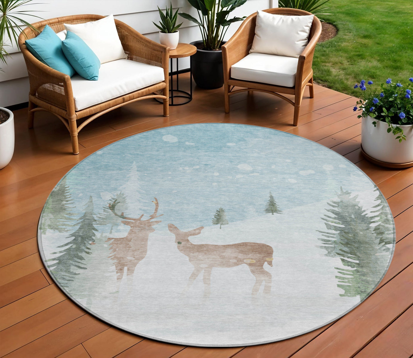 8 Sky Blue Sage Ivory And Khaki Round Deer Washable Indoor Outdoor Area Rug