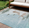 10 X 14 Sky Blue Sage Ivory And Khaki Deer Washable Indoor Outdoor Area Rug