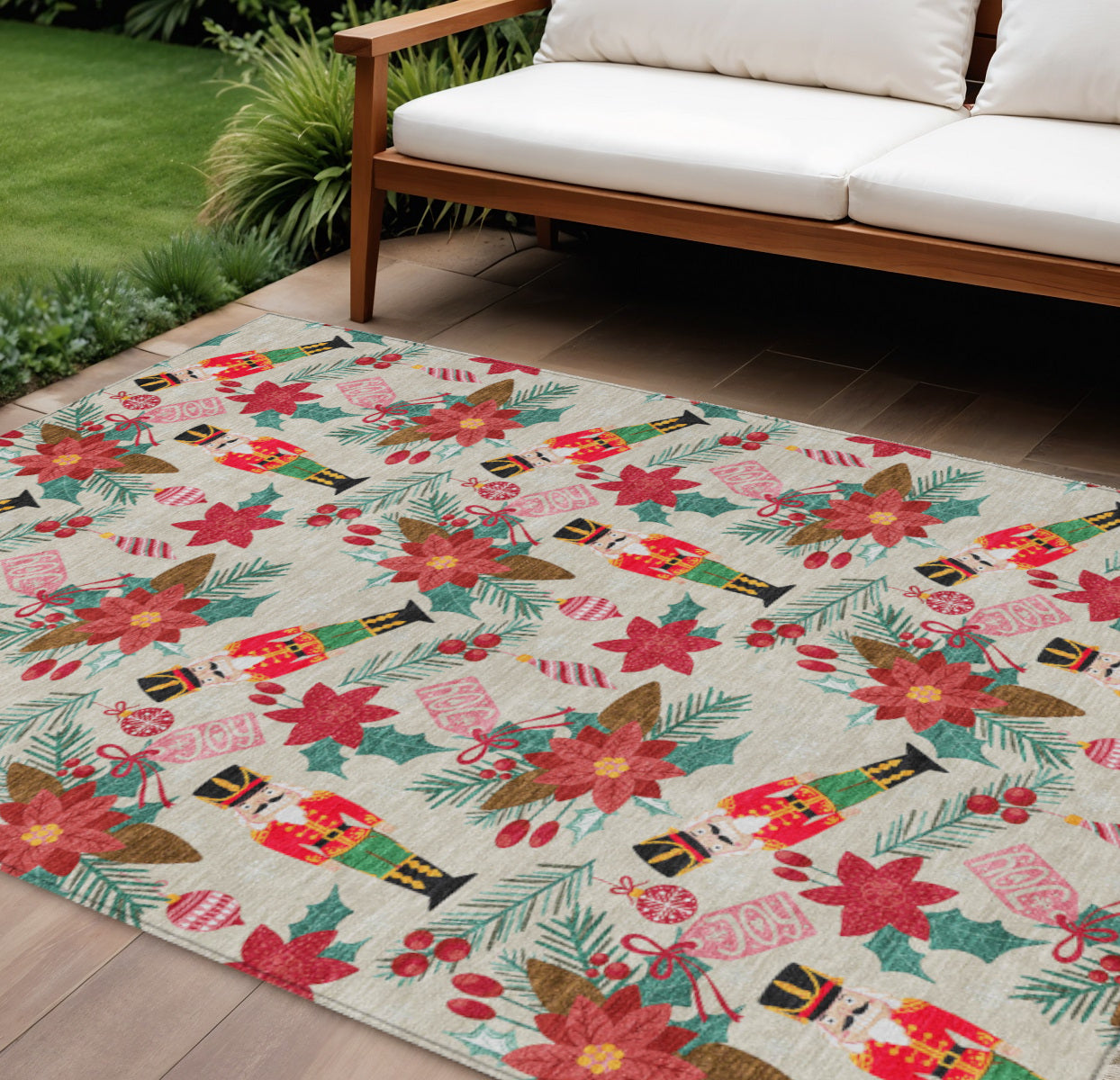 9 X 12 Beige Red Black Pink And Brown Floral Washable Indoor Outdoor Area Rug