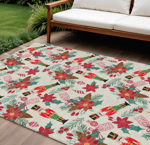 10 X 14 Ivory Red Black Pink And Brown Floral Washable Indoor Outdoor Area Rug