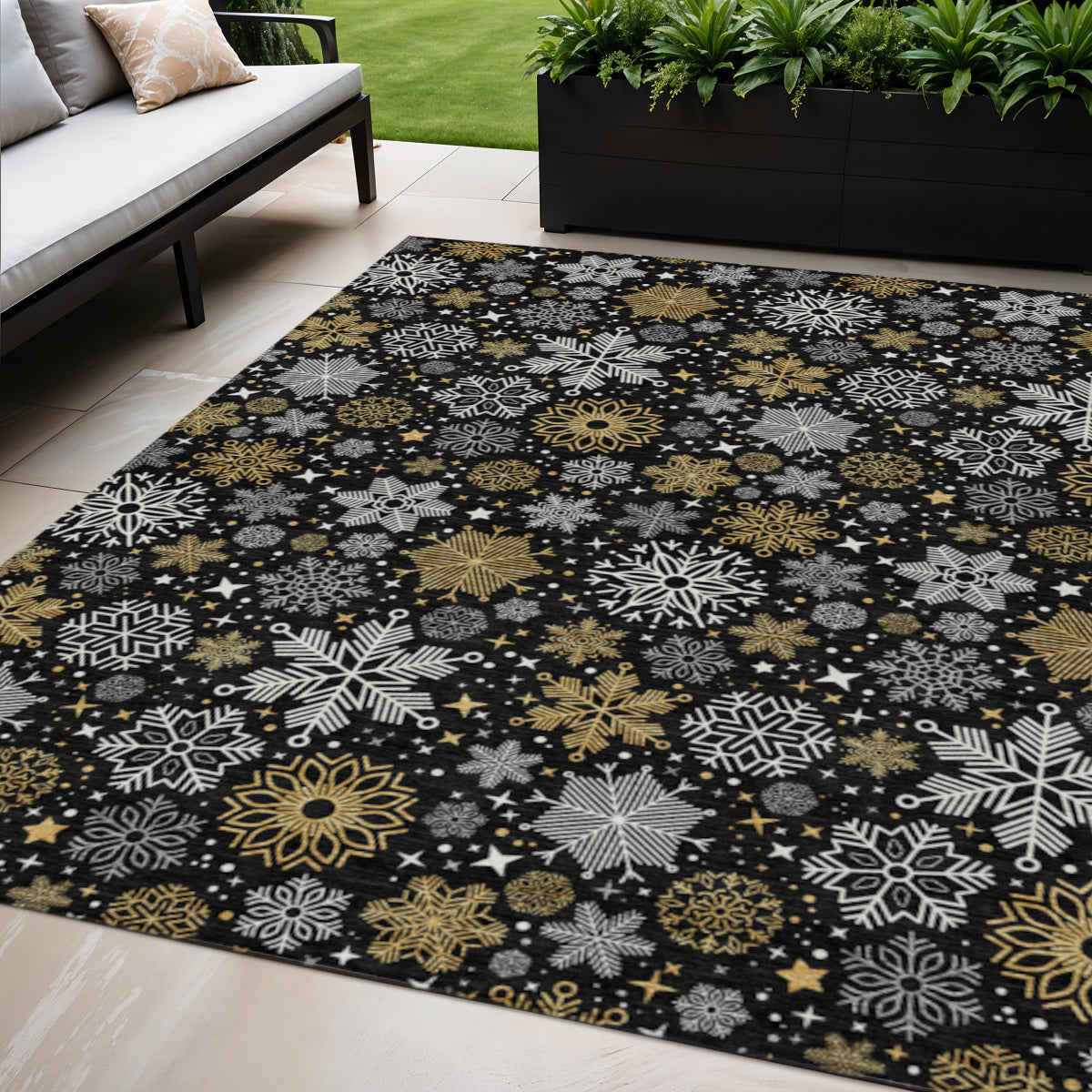 5 X 8 Black Gold And Gray Snowflake Washable Indoor Outdoor Area Rug