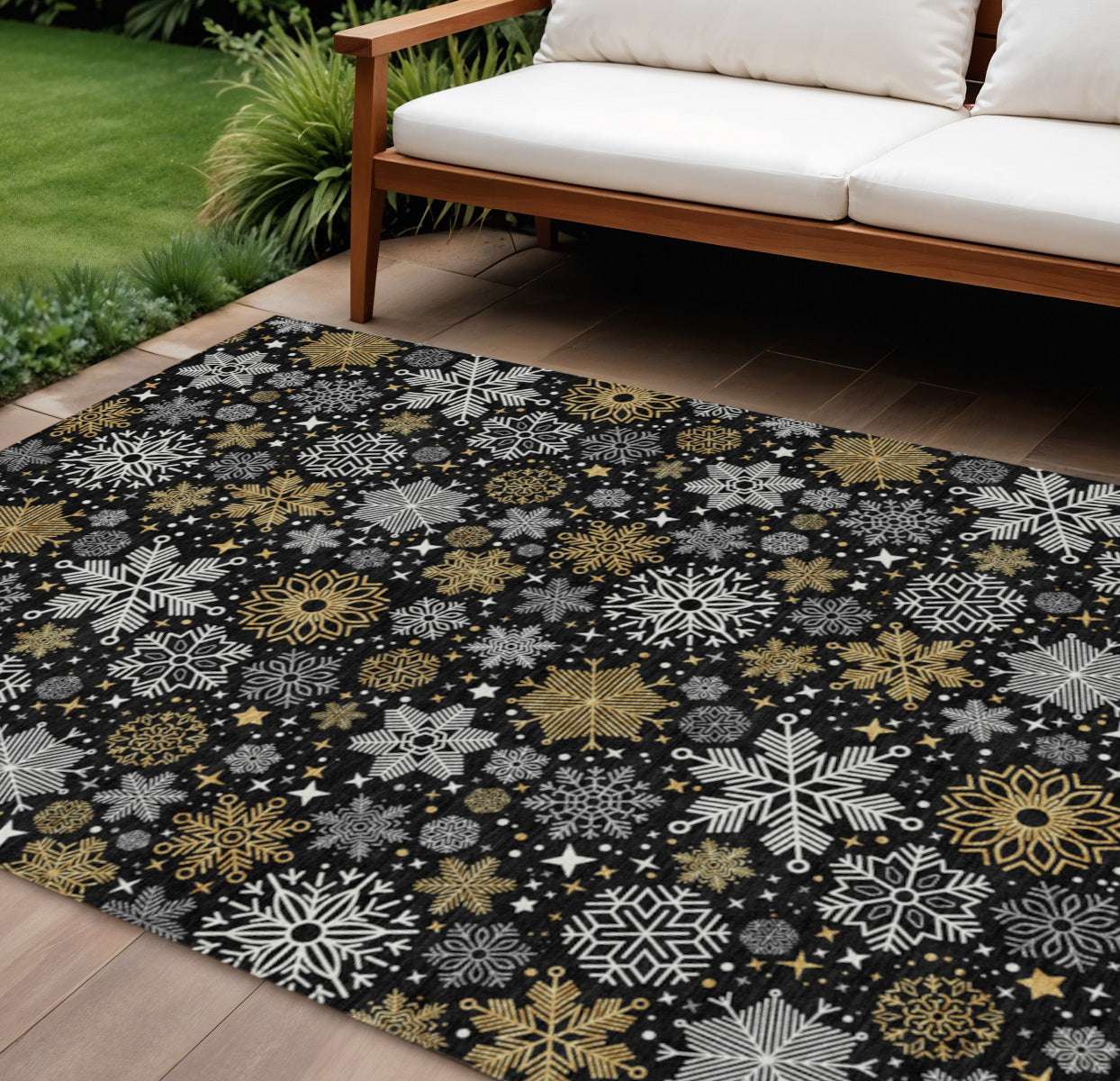 9 X 12 Black Gold And Gray Snowflake Washable Indoor Outdoor Area Rug