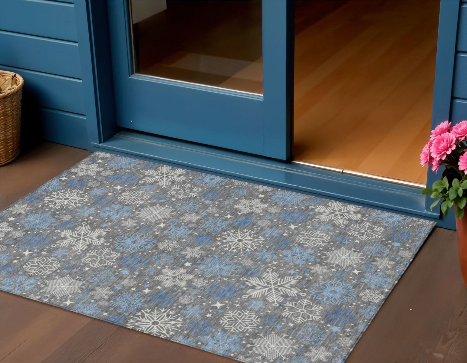 3 X 5 Gray Blue And Ivory Snowflake Washable Indoor Outdoor Area Rug