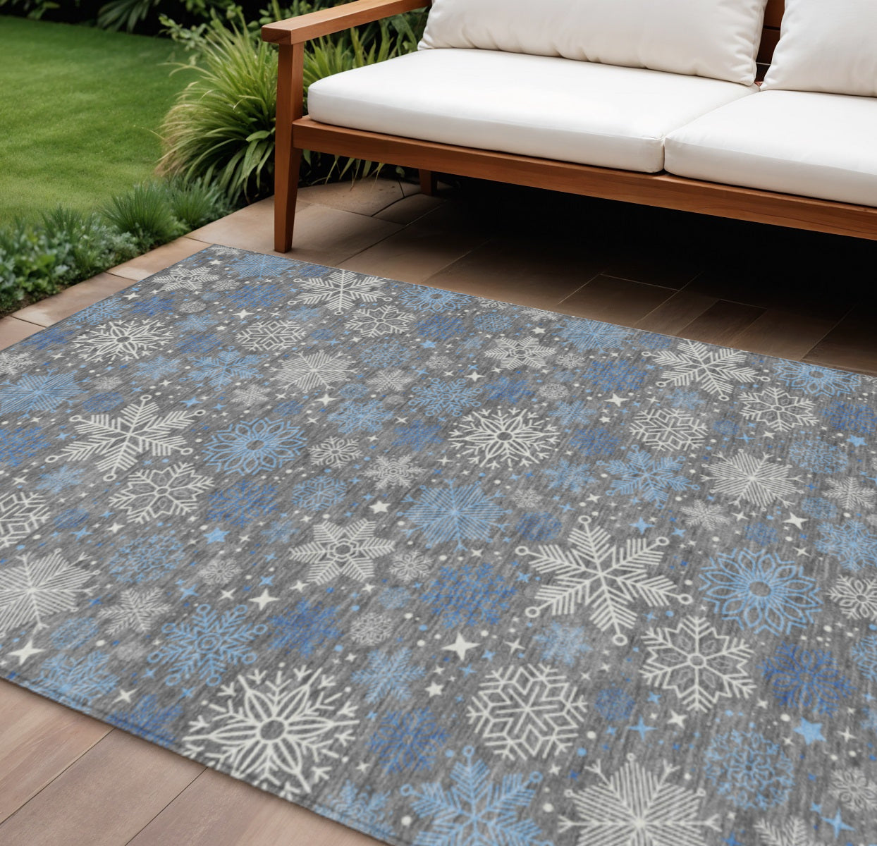 9 X 12 Gray Blue And Ivory Snowflake Washable Indoor Outdoor Area Rug