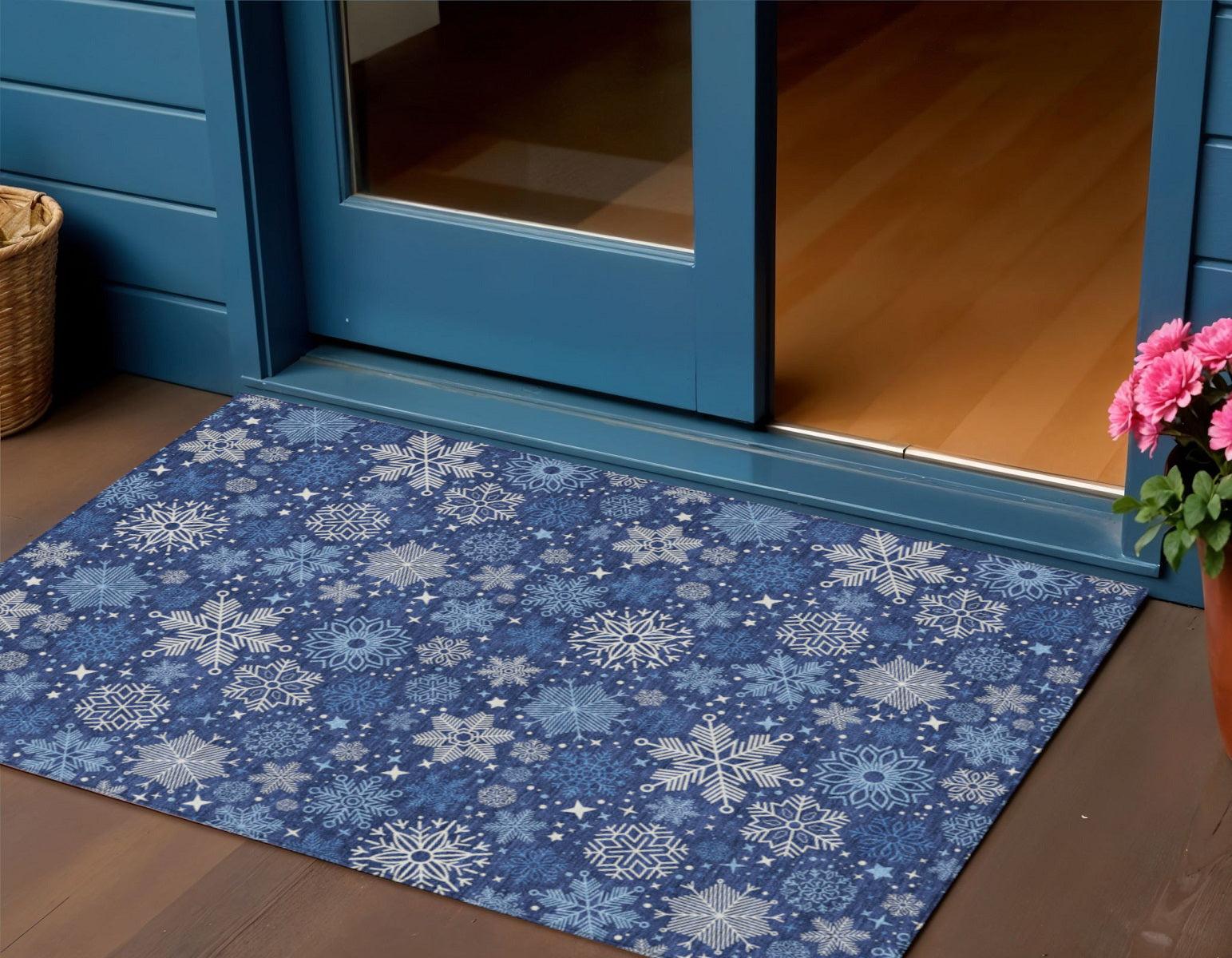 3 X 5 Navy Blue Ivory And Sky Blue Snowflake Washable Indoor Outdoor Area Rug