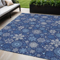5 X 8 Navy Blue Ivory And Sky Blue Snowflake Washable Indoor Outdoor Area Rug