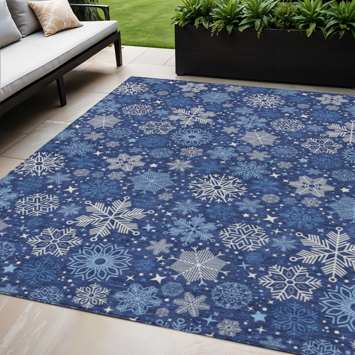 5 X 8 Navy Blue Ivory And Sky Blue Snowflake Washable Indoor Outdoor Area Rug