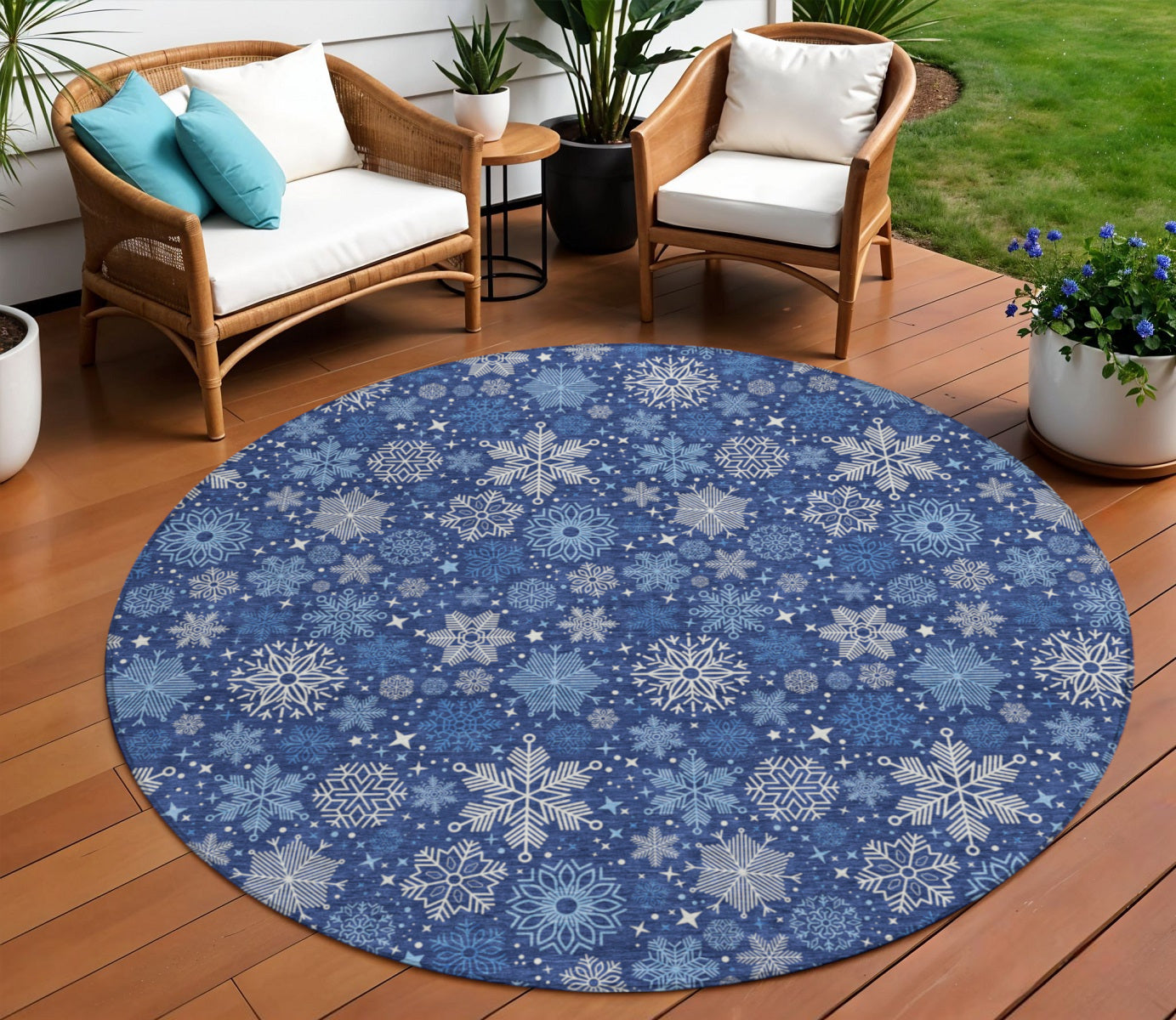 8 Navy Blue Ivory And Sky Blue Round Snowflake Washable Indoor Outdoor Area Rug