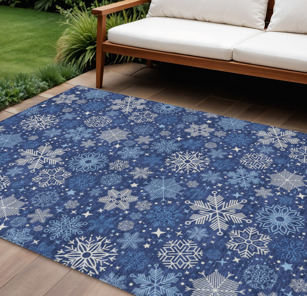 8 X 10 Navy Blue Ivory And Sky Blue Snowflake Washable Indoor Outdoor Area Rug