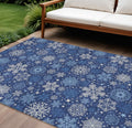 9 X 12 Navy Blue Ivory And Sky Blue Snowflake Washable Indoor Outdoor Area Rug