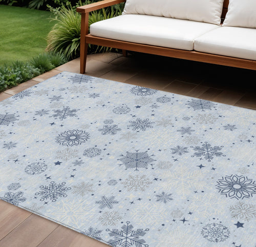 10 X 14 Sky Blue Navy Blue And Ivory Snowflake Washable Indoor Outdoor Area Rug