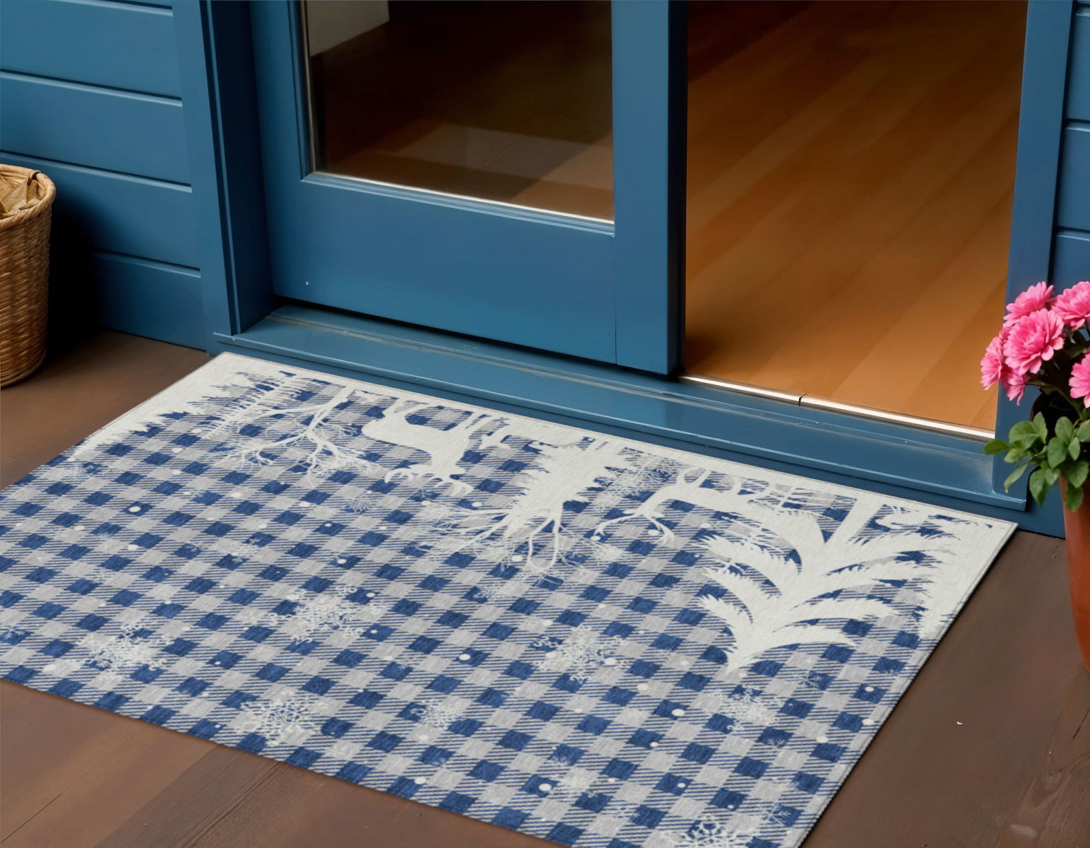 3 X 5 Blue Ivory And Gray Plaid Washable Indoor Outdoor Area Rug