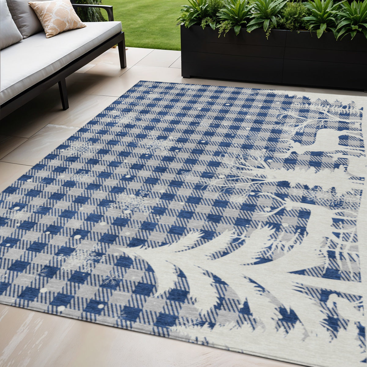 5 X 8 Blue Ivory And Gray Plaid Washable Indoor Outdoor Area Rug